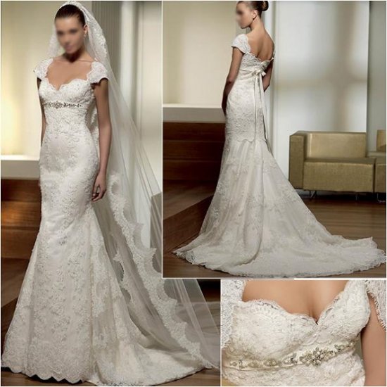 Free Shipping/2011 New arrival/A-line/Cap Sleeve/Satin/Chapel train/Wedding Dress/A1010