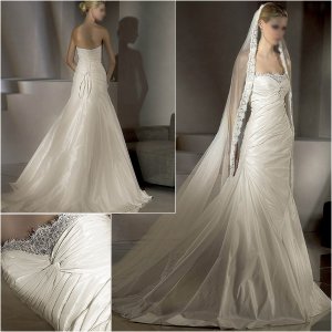Free Shipping/2011 New arrival/A-line/Strapless/Taffeta&Lace/Chapel train/Wedding Dress/A1014