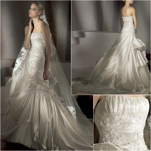 Free Shipping/2011 New arrival/A-line/Strapless/Taffeta&Mesh/Chapel train/Wedding Dress/A1017