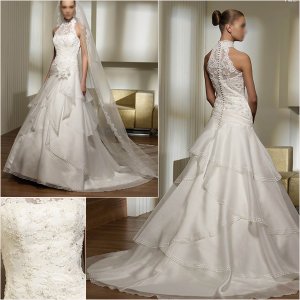 Free Shipping/2011 New arrival/A-line/Halter/Satin&Organza/Chapel train/Wedding Dress/A1044