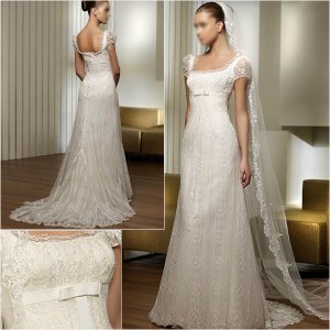 Free Shipping/2011 New arrival/A-line/Cap sleeve/Satin&Lace/Chapel train/Wedding Dress/A1036