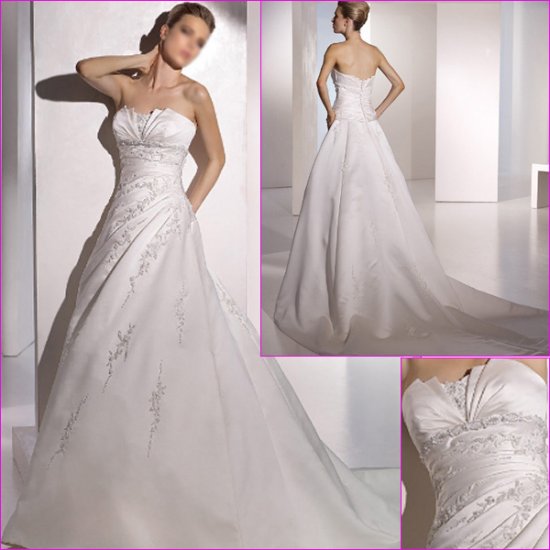 Free Shipping/2011 New arrival/A-line/Strapless/Satin/Chapel train/Wedding Dress/A1076