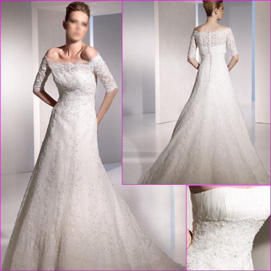 Free Shipping/A-line/Strapless/Satin&Lace/Chapel train/Wedding Dress with jacket/A1082
