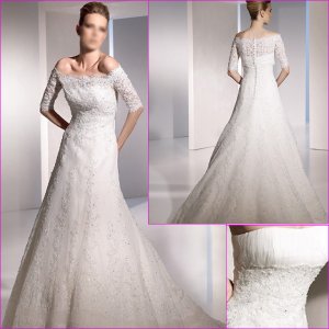Free Shipping/A-line/Strapless/Satin&Lace/Chapel train/Wedding Dress with jacket/A1082