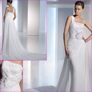 Free Shipping/2011 New arrival/A-line/Short sleeves/Satin&Lace/Chapel train/Wedding Dress/A1120