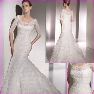 Free Shipping/2011 New arrival/Mermaid/Short sleeve/Satin&Lace/Chapel train/Wedding Dress/A1137