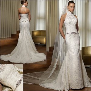 Free Shipping/2011 New arrival/Mermaid/Halter/Satin&Lace/Floor Length/Wedding Dress/A1144
