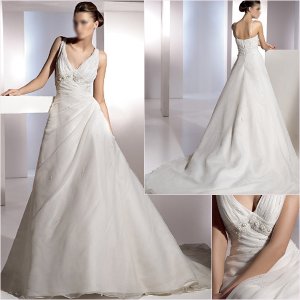 Free Shipping/2011 New arrival/A-line/Sleeveless/Satin&Organza/Chapel train/Wedding Dress/A1155