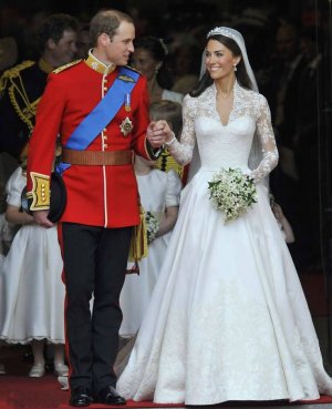 A-line V-neck Lace Satin Royal Length Train Wedding Dress inspired by  Kate Middleton