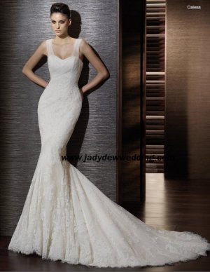 Mermaid Sleeveless Satin&Lace Chapel train BridalWedding Dress A1173