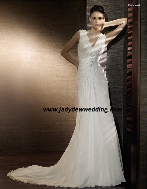 Free Shipping/2011 New arrival/A-line/Sleeveless/Satin&Chiffon/Chapel train/Wedding Dress/A1171