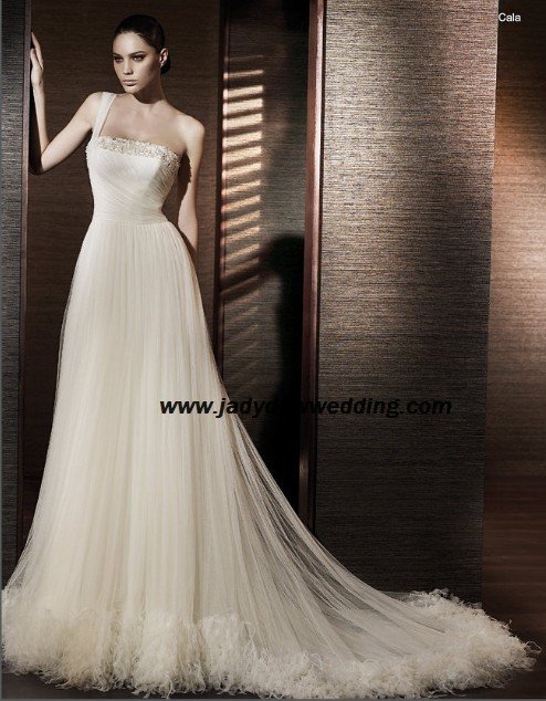 Empire waist Satin&tulle Chapel train One-shoulder Bridal Wedding gown A1168
