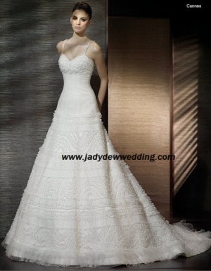luxurious Spaghetti Chapel train Sweetheart Bridal Dress A1166