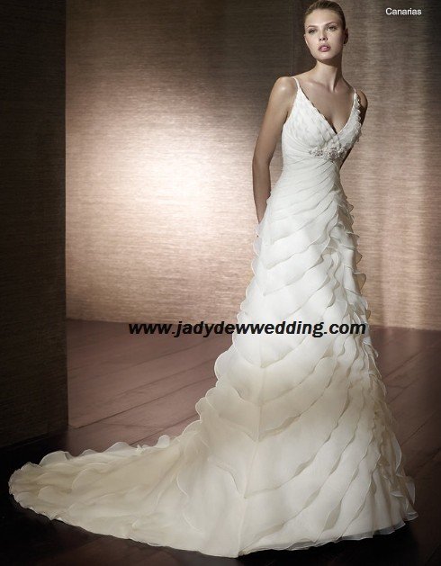 Free Shipping Satin&Organza Chapel train V-neck Wedding Dress A1163