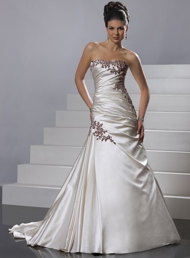 Satin with Burgundy Appliqued A-line One-shouder Chapel Trailing Wedding Dress GG039