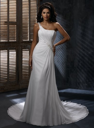 Free Shipping/A-line/One-shoulder/Satin&Chiffon/Sweep length train/Bridal Wedding Dress/GG107