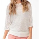 Forever 21 Sweater White Sequin Sheer Mesh Dolman Sleeve S NWT