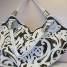 Large White Pleather and Bronze Material Etched Handbag