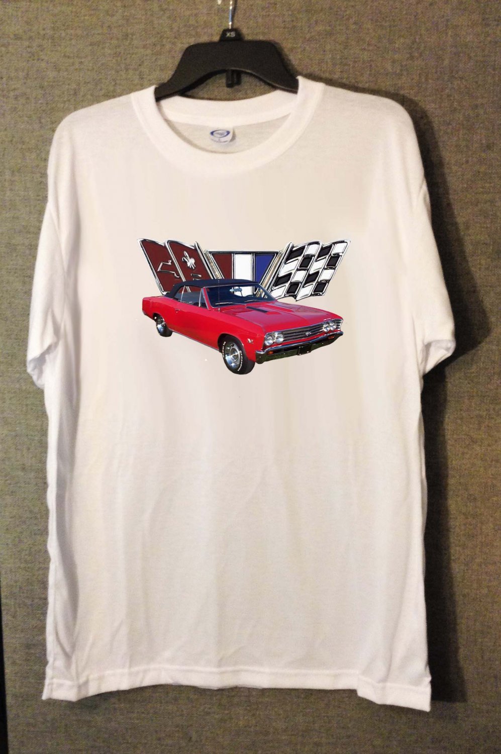 New Red with Black top 1966 Chevy Chevelle Flag LOGO white T-shirt  (Large)