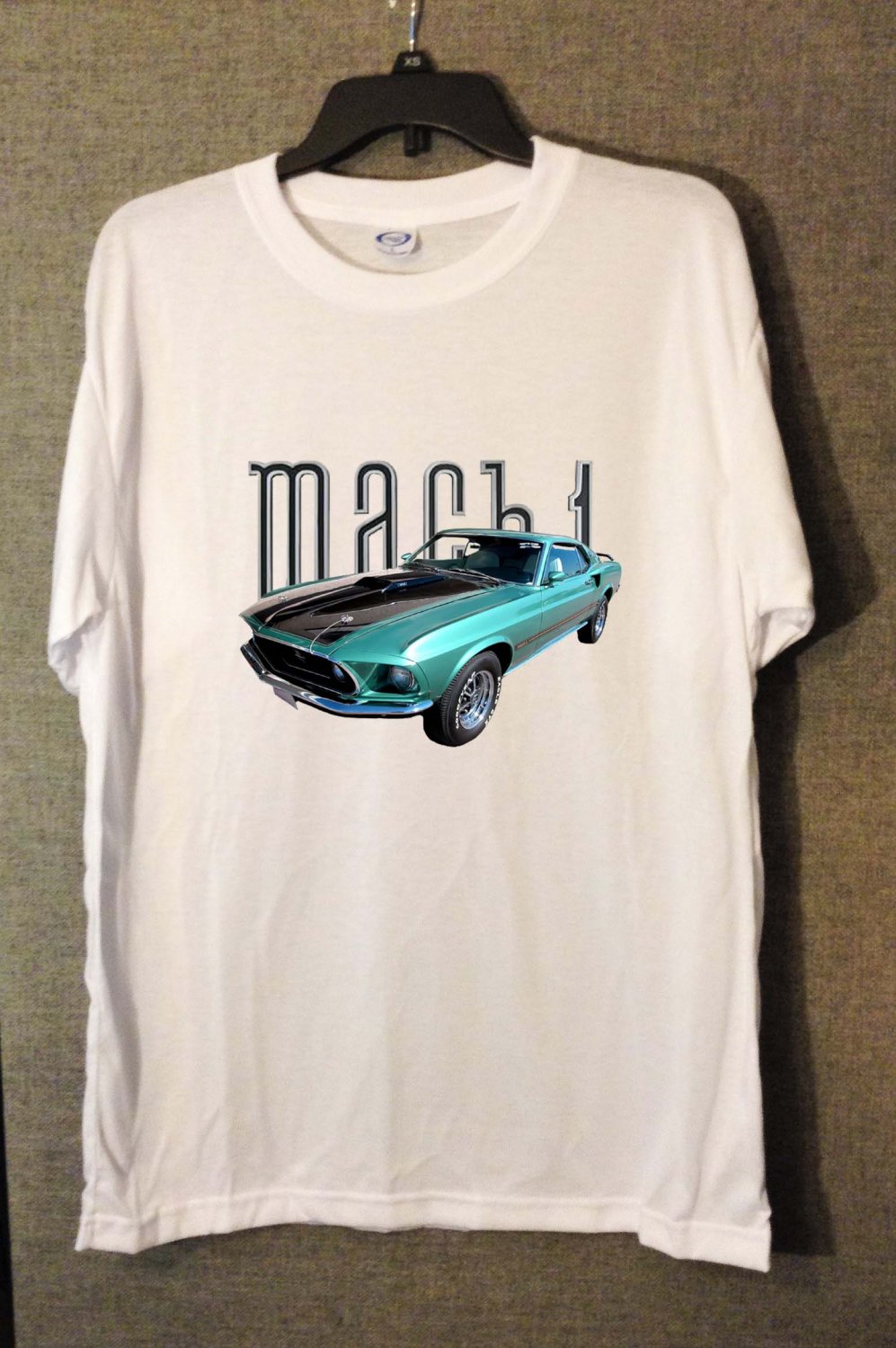 New Green 1969 Ford Mustang Mach 1 white T-shirt  (Medium)