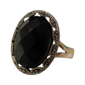 Faceted Black Agate Ring - Sterling Silver/Marcasite, 8