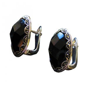 Faceted Black Agate Earrings, Sterling Silver/Marcasite