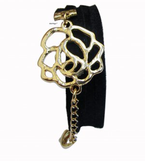 Black suede leather wrap bracelet with Elegant Rose charm