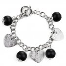 Silver Tone Chain Link Toggle Bracelet w/Black Bead and Heart Charms