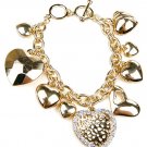Gold Tone Chain Link Toggle Bracelet w/Assorted Heart Charms