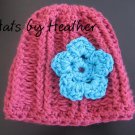 Pink cable crochet flower beanie
