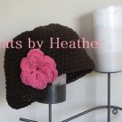 brown/pink brimmed flower beanie
