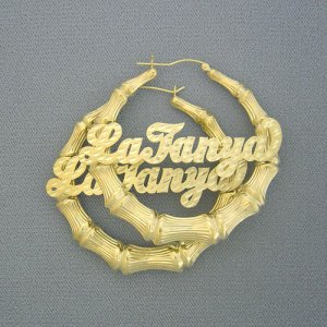 10k Gold Personalized Name Bamboo Hoop Earrings 2 1 4 Inch Gb25