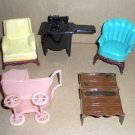 Dollhouse Furniture by Ideal Renwal Sewing Machine, Baby Carriage, Chairs Dollhouse Furniture by Ideal Renwal Sewing Machine, Baby Carriage, Chairs