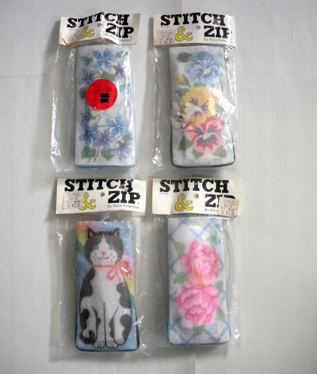 4 Needlepoint Eyeglass Cases Zip & Stitch Cat, Flowers