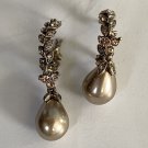Vintage Monet Earrings, Rhinestones, Faux Tear Drop Pearl