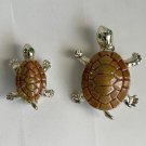 Vintage Turtle Pins, Momma, Baby, Enamel, Gold Tone, Green Eyes