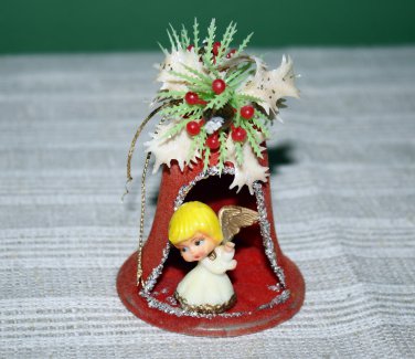 Mid-Century Modern Red Flocked bell w/White Mistletoe Angel