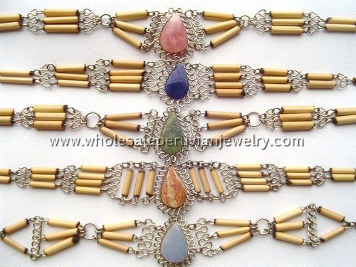 15 BAMBOO SEMI-PRECIOUS STONE BRACELETS HANDMADE PERUVIAN JEWELRY WHOLESALE ART