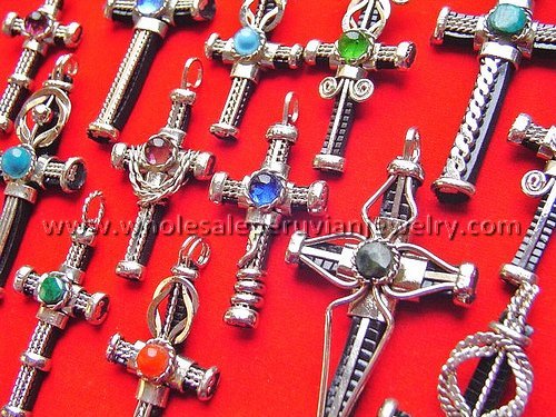 15 ASSORTED ALPACA SILVER RUBBER CROSS PENDANTS HANDMADE PERUVIAN JEWELRY WHOLESALE ART