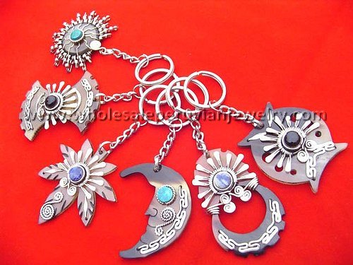 6 UNIQUE HANDMADE BULL'S HORN KEYCHAINS PERUVIAN JEWELRY ART