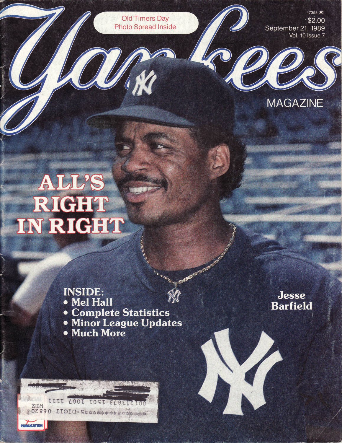 Yankees Magazine September 1989 Jesse Barfield NYY