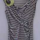 Women's Casual Career Blouse Top Brown White Stripes Ruched Front Size Medium
