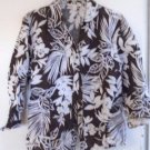 WOMEN'S 100% LINEN BUTTON DOWN BLOUSE SPRING Brown White Size 8 Floral 3/4 Sleev
