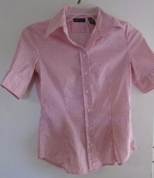 Women's Button Down Blouse Red Salmon White Stripes Small NY & CO Work Career