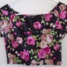 FOREVER 21 CROP TOP Black Pink Floral Short Sleeves Elastic Neck Medium