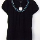 WOMEN'S BLOUSE TOP BLACK Teal Bead Trim Petite Small Silk Blend MSRP $58 NWT