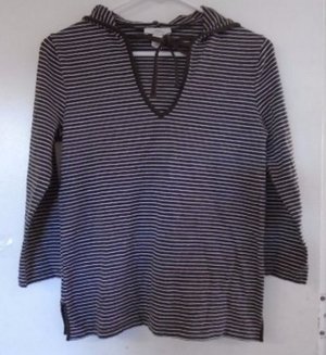 ANN TAYLOR LOFT  Hooded Top Brown White Stripe Medium V-Neck Ties Slits on Sides