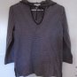ANN TAYLOR LOFT  Hooded Top Brown White Stripe Medium V-Neck Ties Slits on Sides