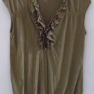 ANN TAYLOR LOFT BLOUSE Top Brownish Green Size Small Ruffle Elastic Sleeveless
