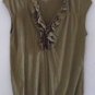 ANN TAYLOR LOFT BLOUSE Top Brownish Green Size Small Ruffle Elastic Sleeveless